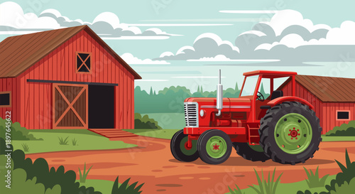 Red tractor parked outside a barn, vector illustration, farm scene