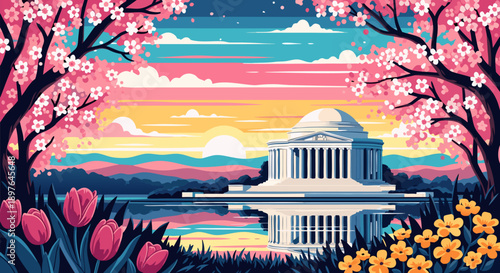 Beautiful vector illustration of the Jefferson Memorial surrounded by cherry blossoms and tulips during sunset