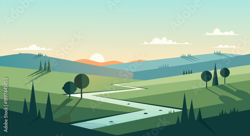 Serene Landscape Vector Illustration A Winding River Through Rolling Hills at Sunset