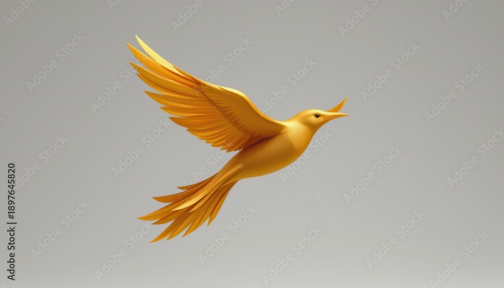 Obraz premium Golden bird flying gracefully in a clear sky with vibrant wings spreading wide