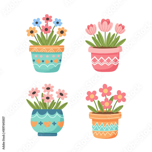 Vibrant potted flowers in decorative planters, showcasing a collection of colorful blooms in charming, hand-painted pots for home decor and gardening inspiration