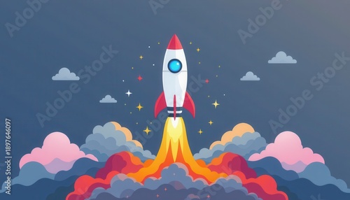 Colorful Cartoon Rocket Launching from Clouds in a Bright Sky Illustration