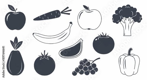 Collection of fresh fruits and vegetables icons in silhouette style.