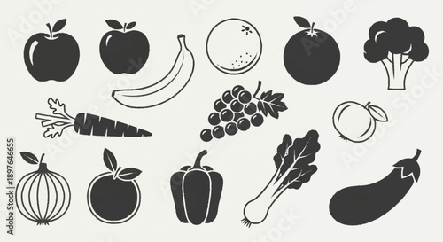 Collection of Fresh Fruits and Vegetables Icons.