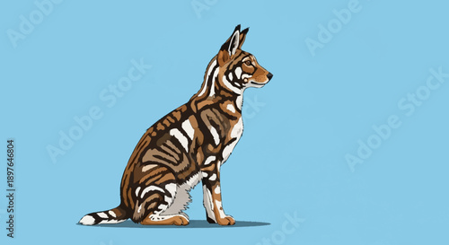 A dog with tiger stripes sitting and looking to the side.