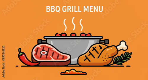 BBQ Grill Menu with Steak Chicken and Chili Pepper.