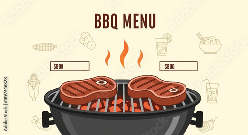 BBQ Menu with Steaks Grilling on a Charcoal Grill.