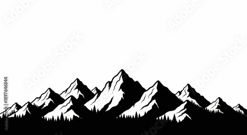 Black and white mountain range silhouette with pine trees.