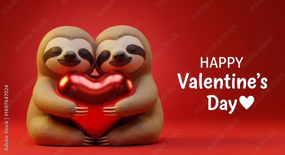 Naklejka premium Two adorable sloth figurines holding a heart and wishing a happy Valentine's Day on a red background