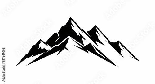 Black silhouette of majestic mountain peaks against a white background.