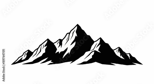 Black silhouette of majestic mountain range peaks.