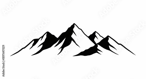 Black silhouette of majestic mountain peaks against a white background.