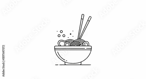 Bowl of noodles with chopsticks simple line art illustration.