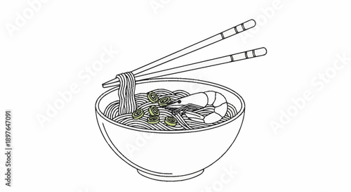 Bowl of noodles with shrimp and chopsticks illustration.