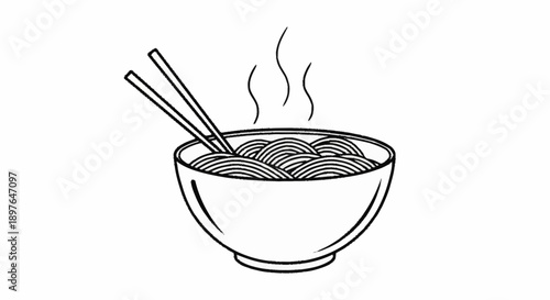 Bowl of steaming noodles with chopsticks illustration.