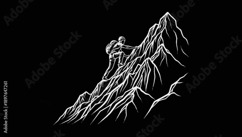 Climber ascending a steep mountain peak illustration.