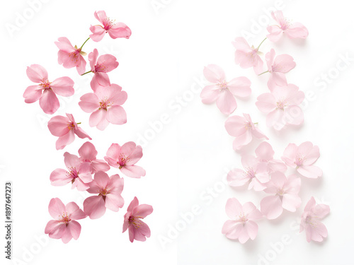 Beautiful pink sakura flowers isolated on transparent background with shadows, elegant spring floral elements for wedding design