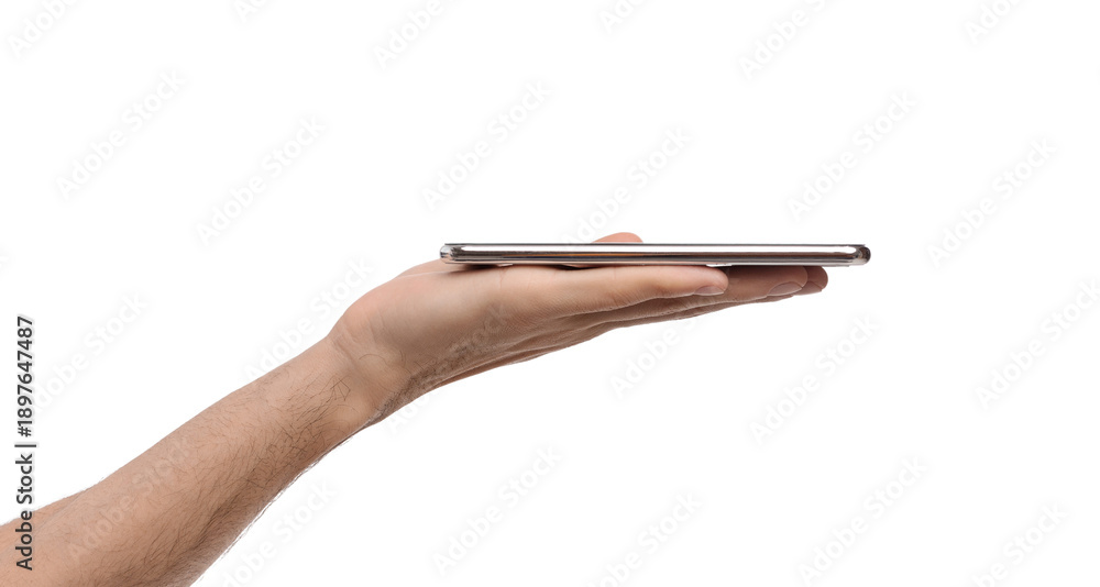 Fototapeta premium Modern smartphone flat lying on open man palm, side view panorama with copy space