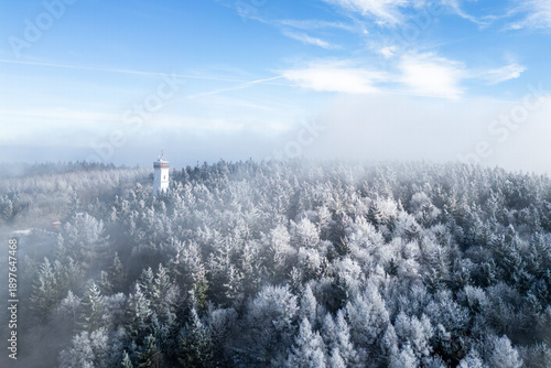 An icy winter forest with a towering observation tower shrouded in mist; frosty treetops and a blue sky create a tranquil, mystical atmosphere