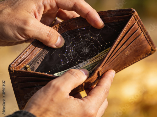 Leather wallet in a man's hands. Inside the wallet there is a web instead of money.