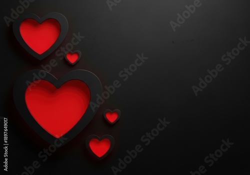 Elegant black hearts with glowing red interiors on a dark textured background