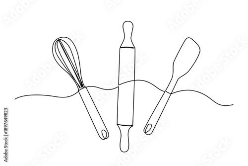 One line drawing of baking tools like rolling pin, whisk, and rubber spatula.