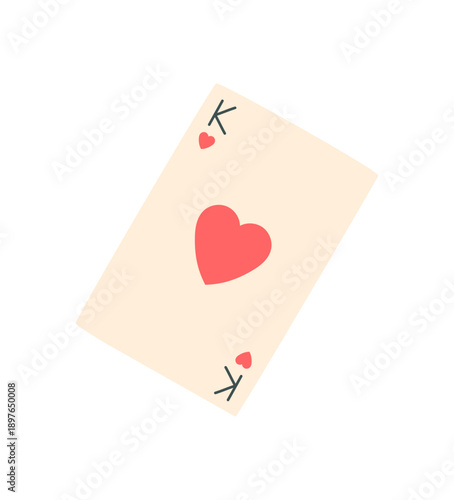 Flat poker playing card with red heart. King card for table games and boardgame entertainment. Simple concept for casino fun, leisure activities, and game tournaments.