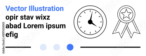 Clock indicating time, badge with star representing achievement, placeholder text, progress bar, and color indicators. Ideal for productivity, success, planning, time management achievement