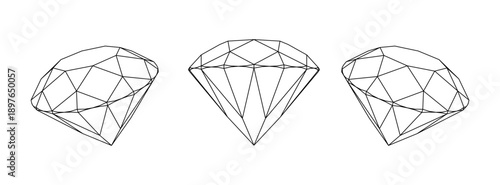 Monochrome wireframe diamond crystal with geometric facets, abstract 3D form, clean grid lines and symmetry, futuristic minimal design concept for technology, science, and digital backgrounds.