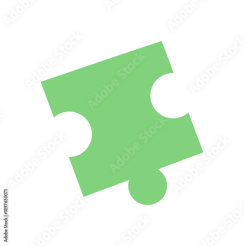 Flat green jigsaw puzzle piece in silhouette style. Single puzzle boardgame element for table games, childhood activities, or toy concepts. Fun play graphic for hobby and recreation themes.