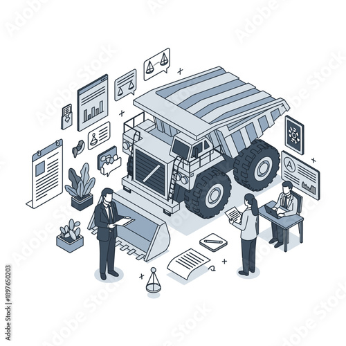 Isometric illustration of mining industry professionals analyzing data around a large mining truck.