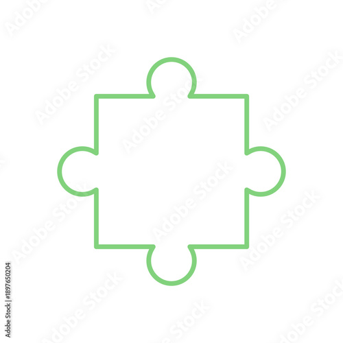 Flat outline jigsaw puzzle piece. Silhouette of puzzle tile for boardgame or toy. Simple green graphic design for hobby, activity, or tabletop game concept.