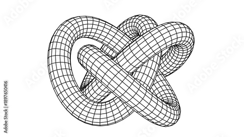 Monochrome Wireframe Grid Shape. Abstract 3D Geometric Knot Shape