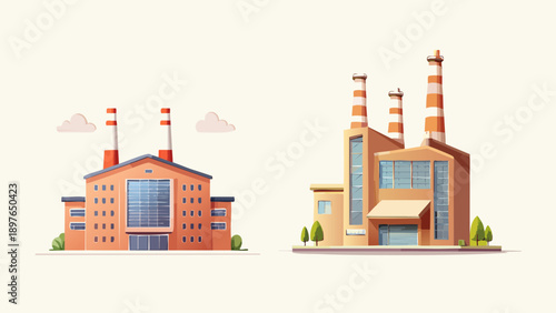 Two distinct flat design industrial factory buildings, complete with tall smokestacks, ideal for representing various manufacturing processes and business concepts in modern graphic projects
