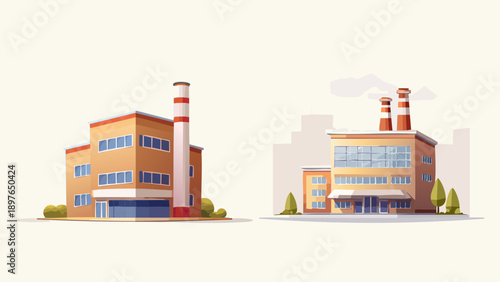 Two modern industrial factory buildings with towering smokestacks, illustrating manufacturing production, urban development, and economic growth for business and technology themes