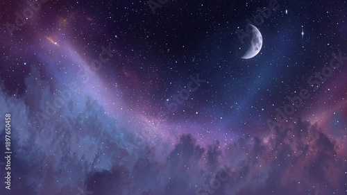 A stunning video of a crescent moon shining in a starry night sky with nebula clouds