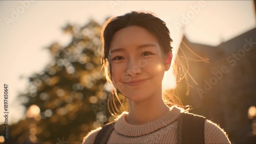 A young Asian woman walks in front of a university building during a warm sunset video