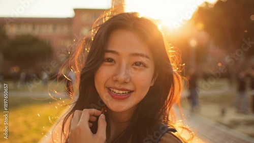 A young Asian woman stands outdoors on a campus during a beautiful sunset video