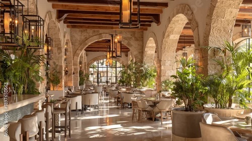 A video showcases the interior of a spacious restaurant with elegant arches and lush greenery