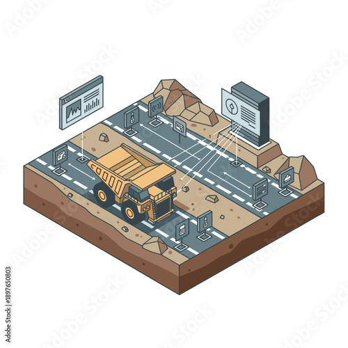 Isometric illustration of a mining site with machinery and control panels.