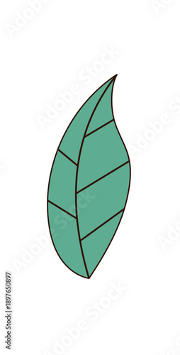Groovy retro cartoon plant leaf sticker in flat green style. Funky y2k element as a nature icon and graphic for trendy prints, pop badges, or playful label art.