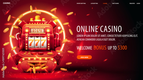 Casino website with a slot machine and a welcome bonus up to 300. The website is red and has a lot of gold coins
