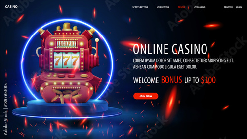 Casino website with a slot machine on blue podium with neon round frame on background.