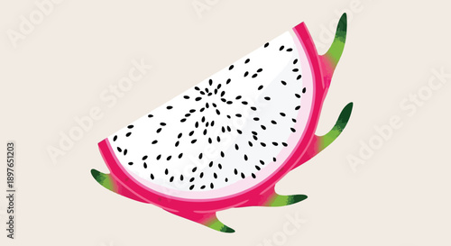 Vibrant Dragon Fruit Slice with Pink Skin and Black Seeds.