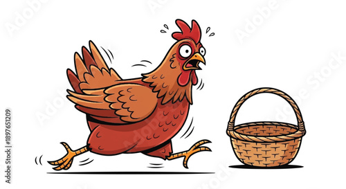 Panicked Brown Chicken Running Away in Fear from an Empty Wicker Basket, Funny Poultry Concept Illustration
