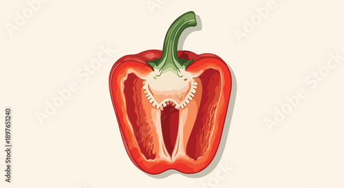 Detailed cross-section illustration of a vibrant red bell pepper revealing its internal structure.