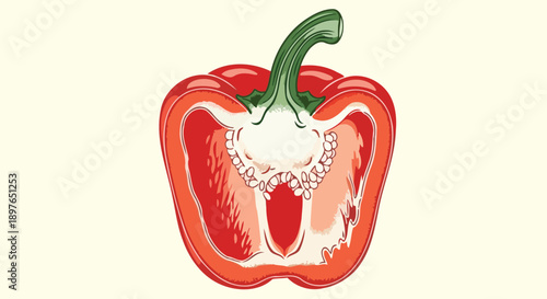 Vibrant Red Bell Pepper Halved Revealing Inner Structure and Seeds.