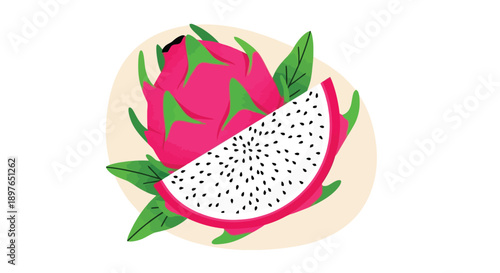 Vibrant Dragon Fruit Whole and Sliced Illustration.