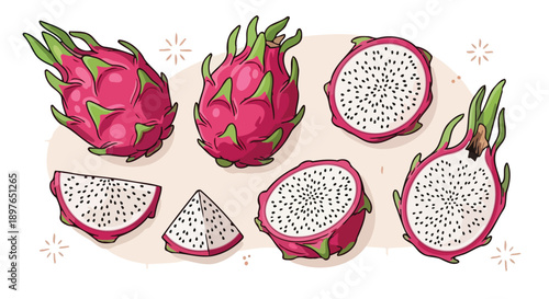 Vibrant Dragon Fruit Collection Whole Halved and Sliced Tropical Delicacy.