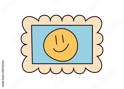 Groovy retro party smile sticker cartoon with happy and fun yellow face on blue. Groovy element for y2k and playful decor, cartoon expression as trendy, cute element in modern style.